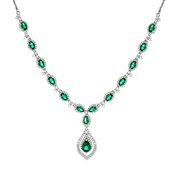 Helzberg Lab Created Emerald & White Sapphire Necklace In Sterling Silver - Picture 1 of 11
